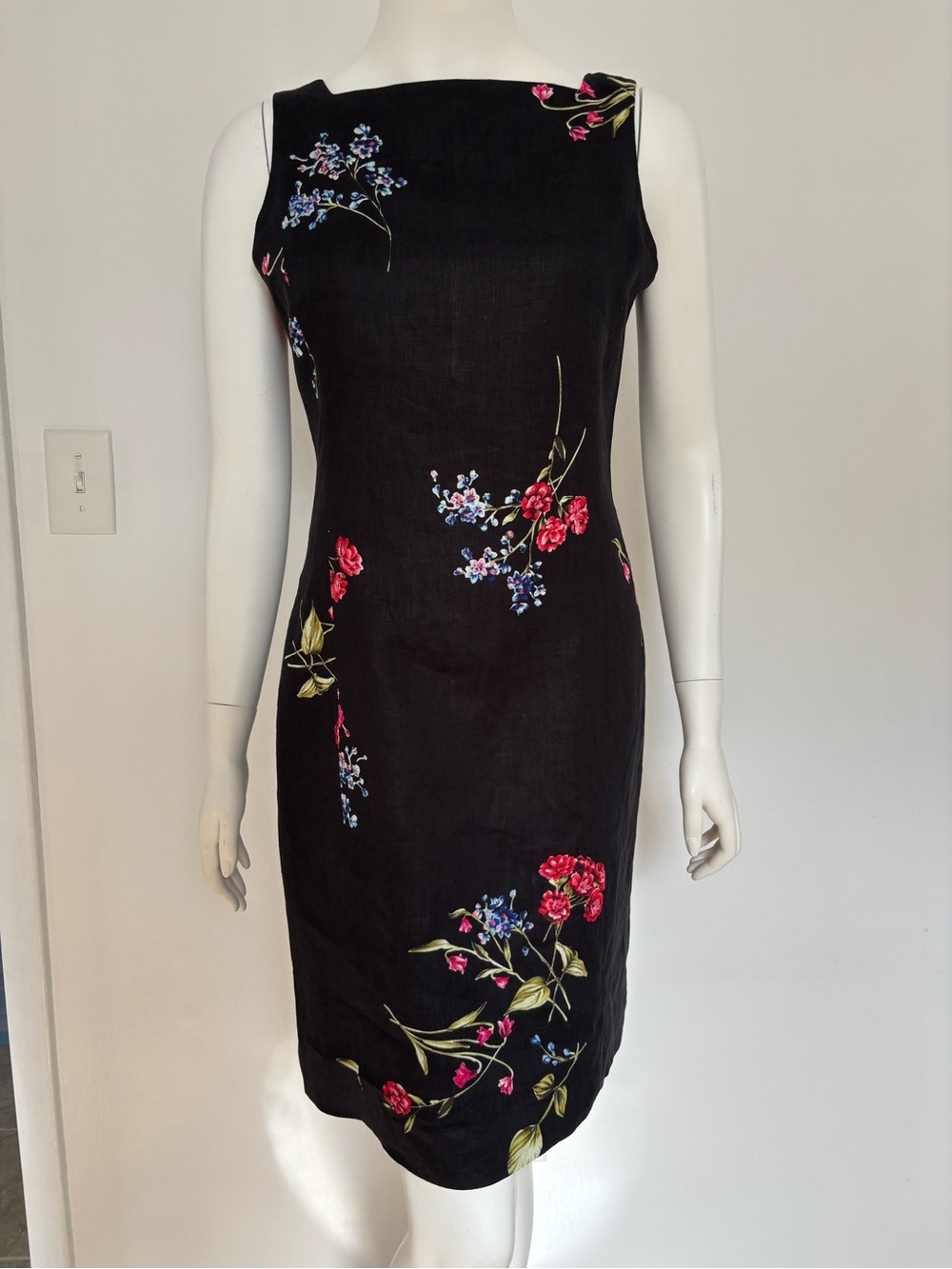Jones New York Black 100% Linen Floral Midi Sheath Dress